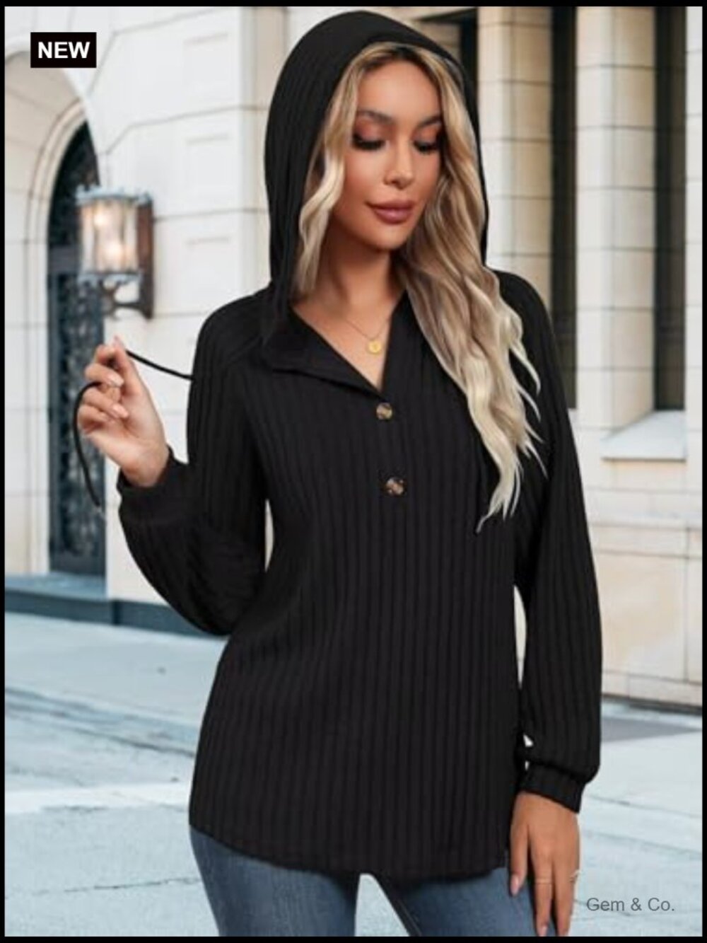 V Neck Drawstring Hoodie - Loose Fit Long Sleeve Pullover Sweatshirt - Picture 6 of 7